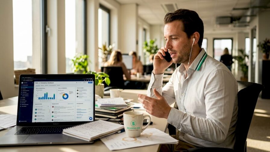 Salesmanager in de weer aan een chaotisch bureau