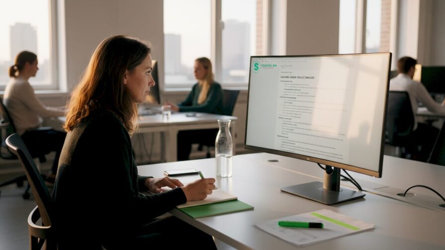 Een vrouw scrolt door vacatures terwijl ze in een open kantoortuin zit.