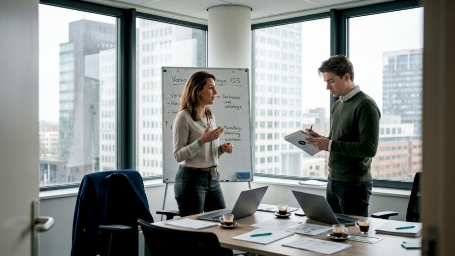 Het sales- en marketingteam komt samen op kantoor voor overleg.