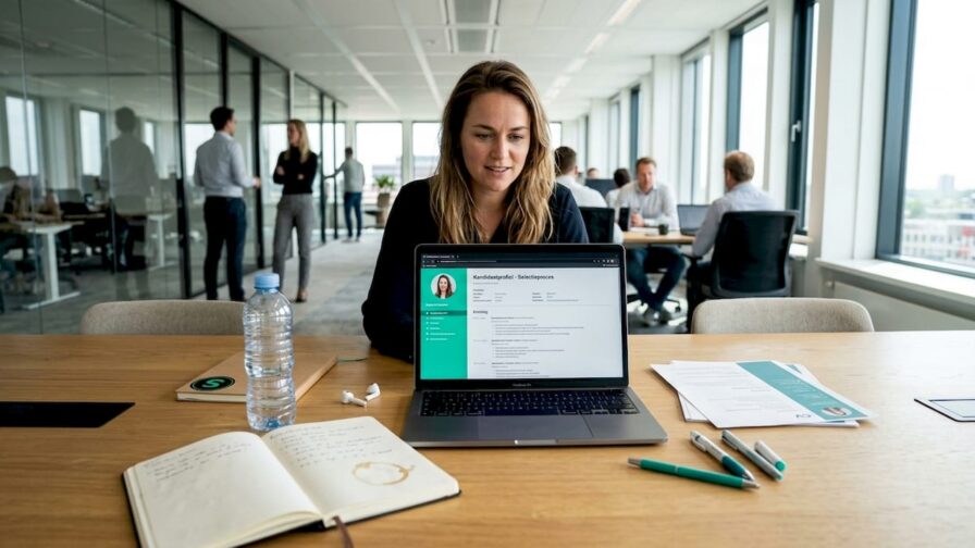 Een recruiter beoordeelt aan zijn bureau de profielen van sollicitanten voor een salesfunctie.