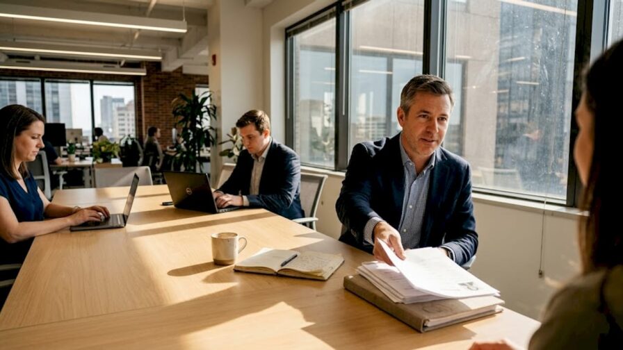 Het marketingteam buigt zich samen over de stapel cv’s aan de vergadertafel.