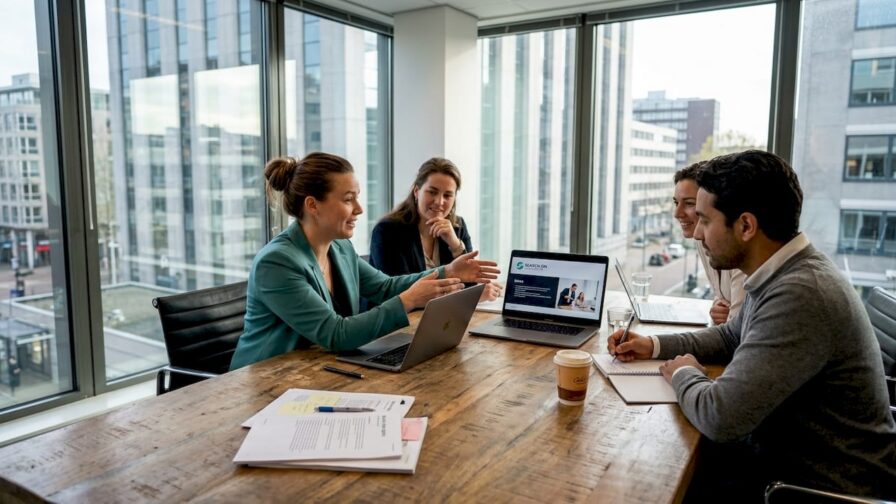 Het verkoopteam werkt samen in een lichte, moderne kantoorruimte.