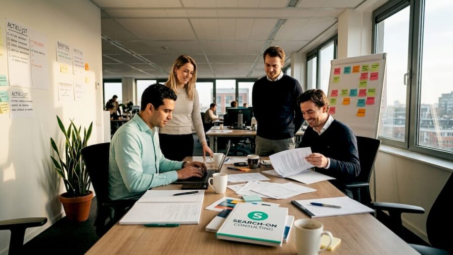 Het marketingteam buigt zich samen over de checklist op kantoor.