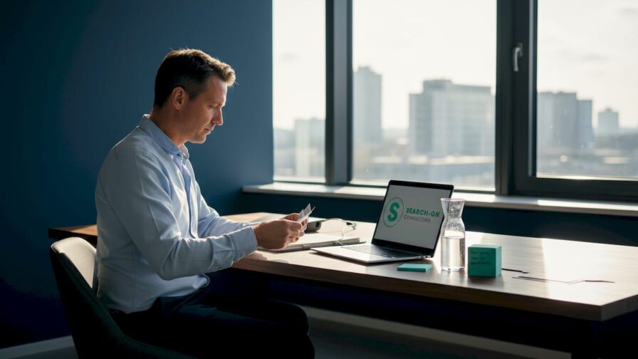 Een man legt op kantoor nieuwe contacten en wisselt visitekaartjes uit.