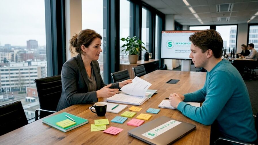 De HR-manager beoordeelt samen met het team de binnengekomen cv’s tijdens het sollicitatieproces.