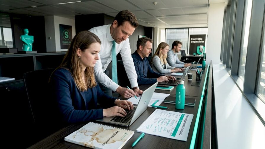 Een hecht marketingteam werkt samen in een open kantoor, waar creativiteit en overleg centraal staan.