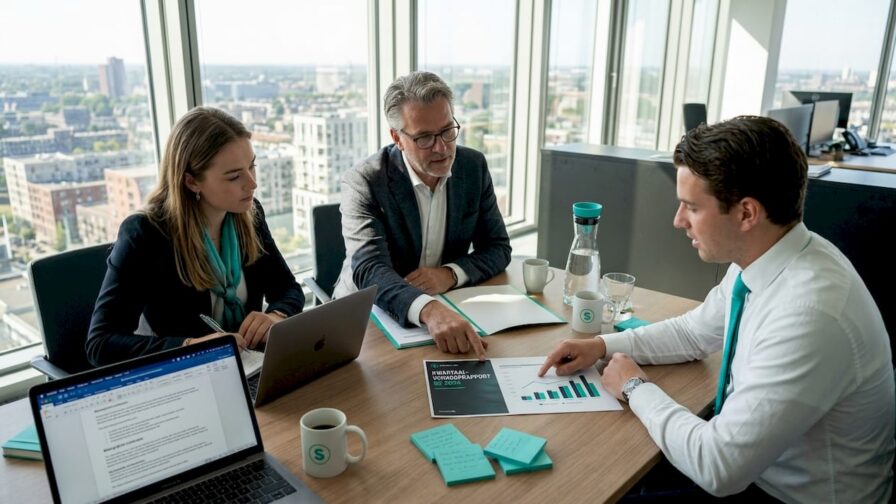 Vergadering van het salesteam in de vergaderruimte op de hoek