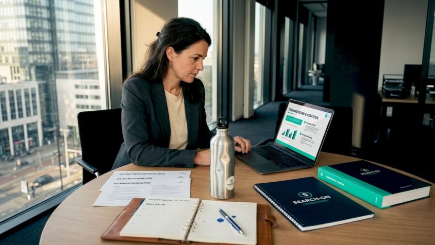 De marketingmanager bekijkt op kantoor kritisch de huidige contentstrategie en zoekt naar verbeterpunten.
