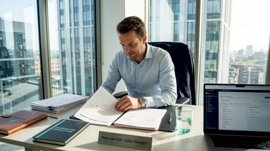 Een salesmanager zit aan zijn bureau en loopt zorgvuldig zijn takenlijst na.