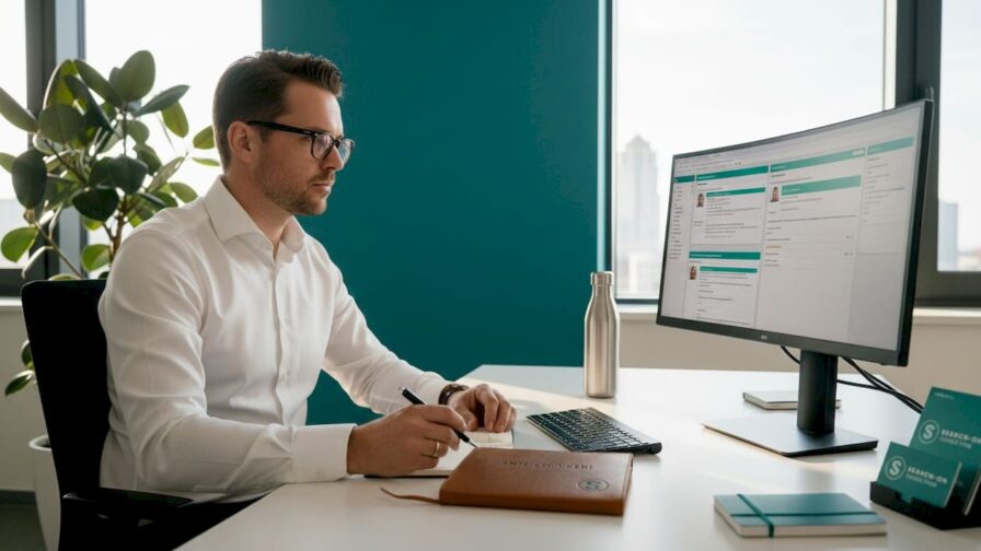 In een lichte kantoorruimte bekijkt een recruiter aandachtig de cv’s van sollicitanten.