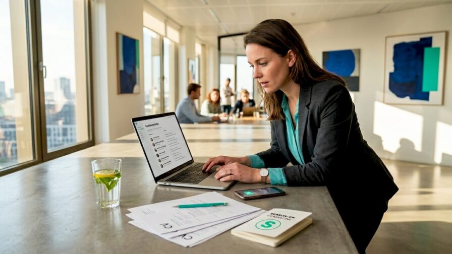 Recruiter bekijkt kandidatenprofielen vanaf zijn bureau bij het raam
