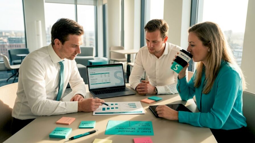 Het salesteam werkt samen tijdens een overleg in een zonnige kantoorruimte.