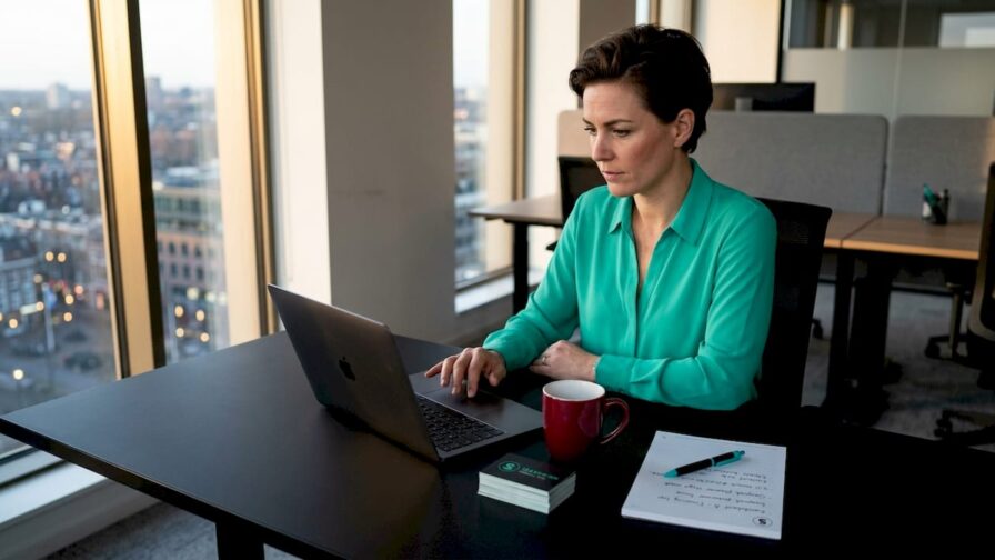 Een recruiter zit achter zijn bureau en bekijkt verschillende kandidatenprofielen op zijn scherm.
