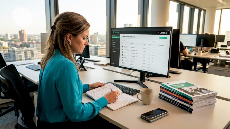 Een recruiter bekijkt cv’s van kandidaten met ervaring in sales en marketing.