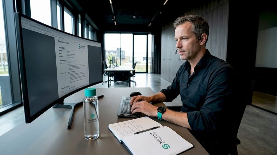 Een sales recruiter is druk bezig met het wervingsproces aan zijn bureau.