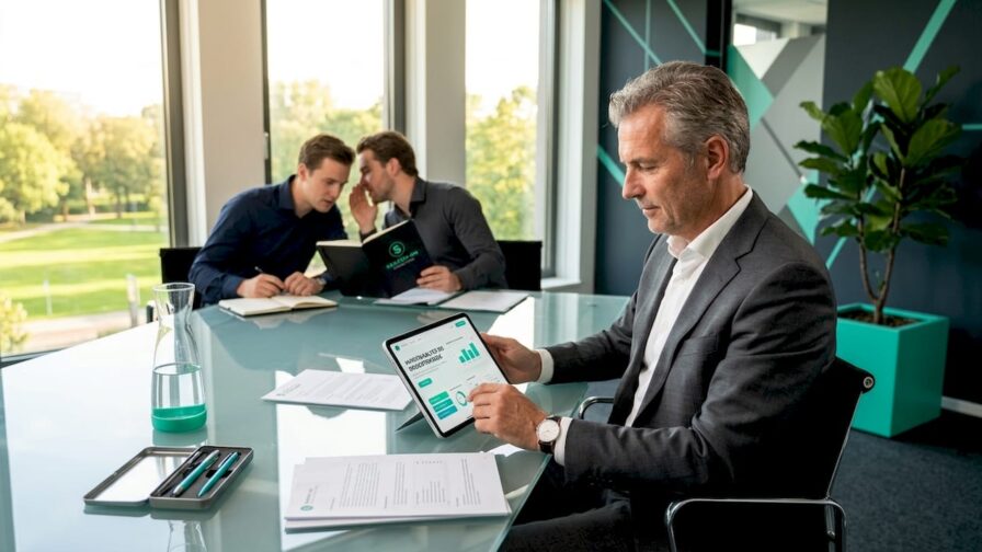 De directeur bespreekt de marketingstrategie tijdens het overleg op kantoor.