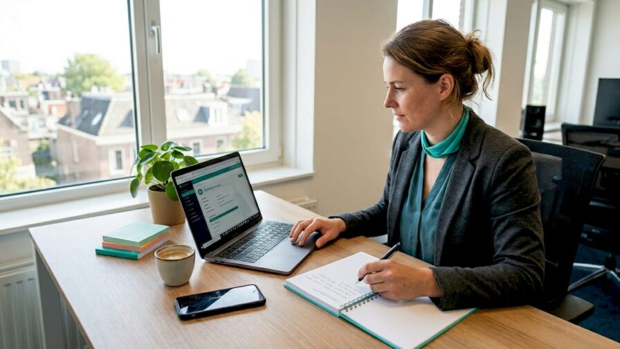 Een recruiter zet zijn laptop in om marketingprocessen te automatiseren.