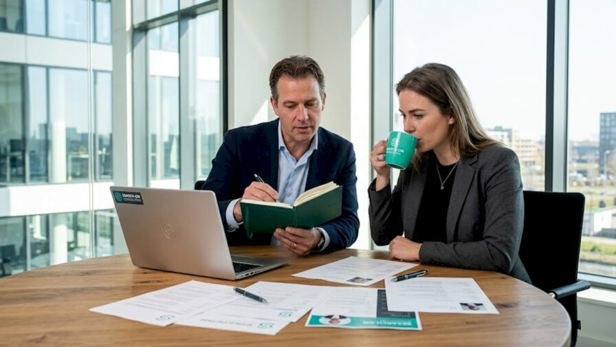 De salesdirecteur en HR-adviseur buigen zich samen over de selectie van kandidaten.