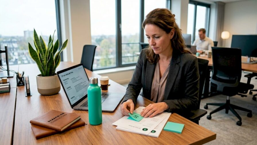 Een salesrecruiter zit aan zijn bureau en bekijkt stapels cv’s.