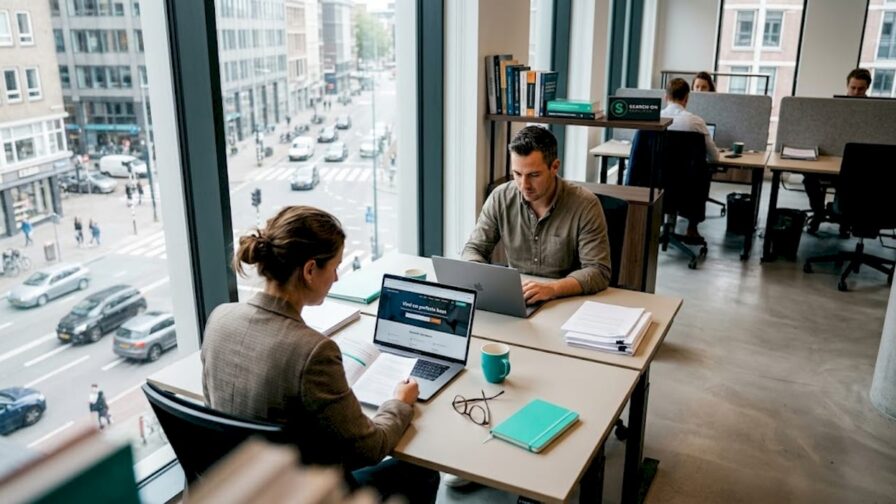 Een kantoorruimte waar mensen achter hun bureau actief op zoek zijn naar een nieuwe baan.