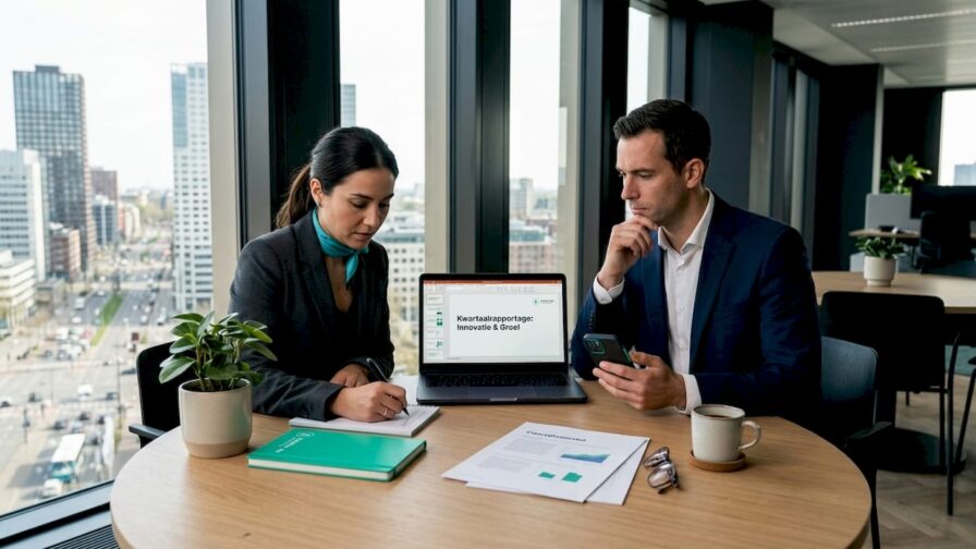 Het salesteam overlegt samen aan de vergadertafel op kantoor.