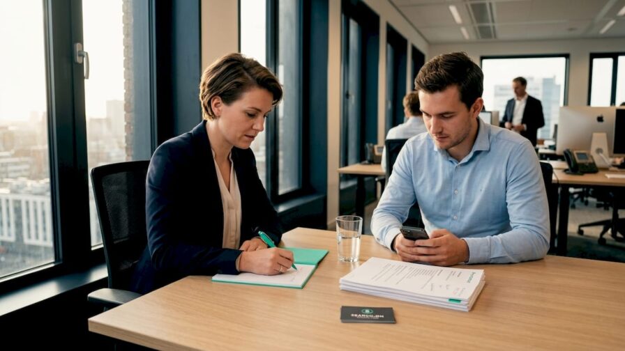 Een recruiter en een kandidaat in een ontspannen kennismakingsgesprek