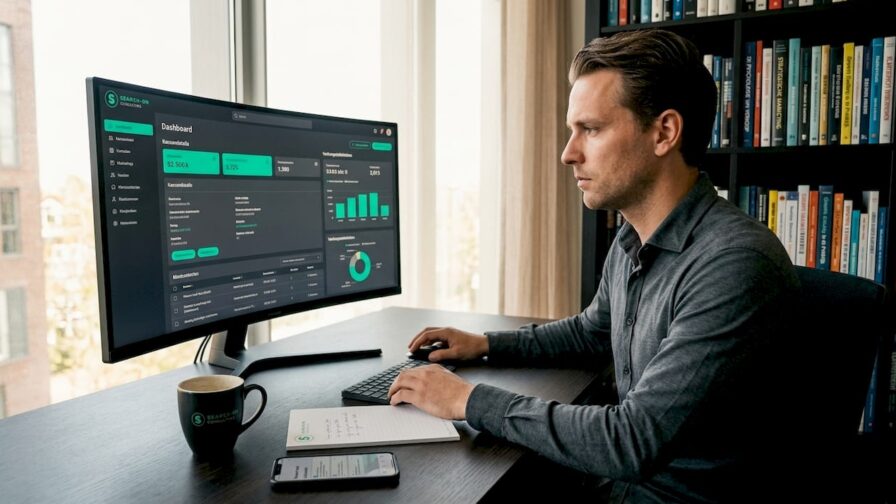 Commercieel specialist aan het werk achter zijn bureau in een gezellige thuiswerkplek.