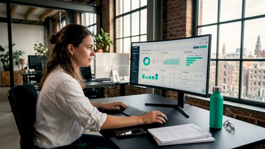 Marketingprofessional werkt aan strategie achter zijn bureau