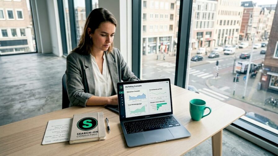 Jonge, ambitieuze vrouw werkzaam op de sales- en marketingafdeling.