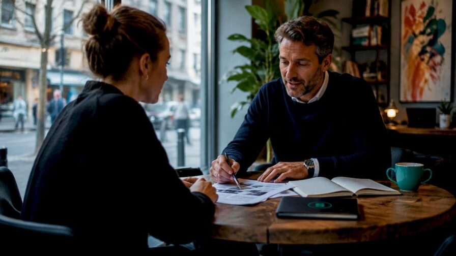 Een headhunter en zijn opdrachtgever zitten samen aan tafel voor een kennismakingsgesprek op kantoor.