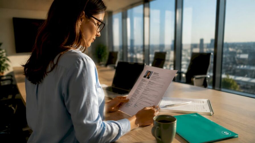 Een HR-manager bekijkt op kantoor zorgvuldig de cv’s van sollicitanten.