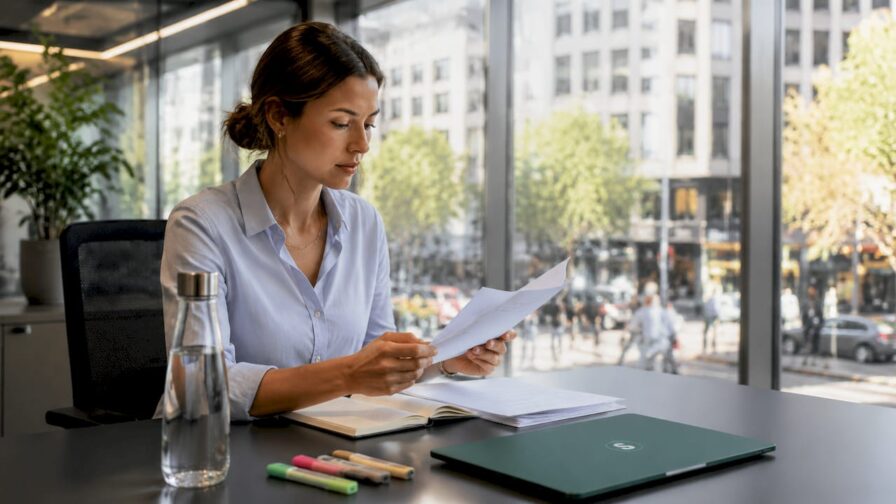 Een recruiter zit achter zijn bureau en beoordeelt cv's van SEO-specialisten.