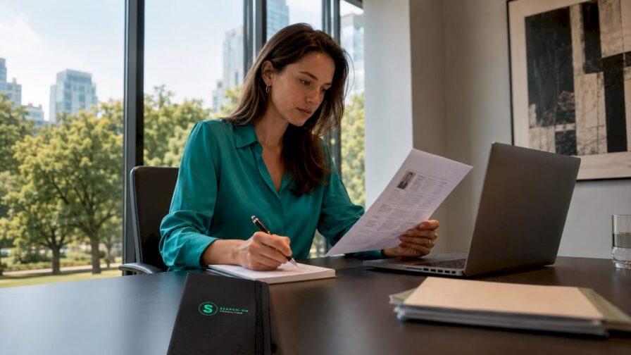Een recruiter bekijkt het profiel van een kandidaat aan zijn bureau.