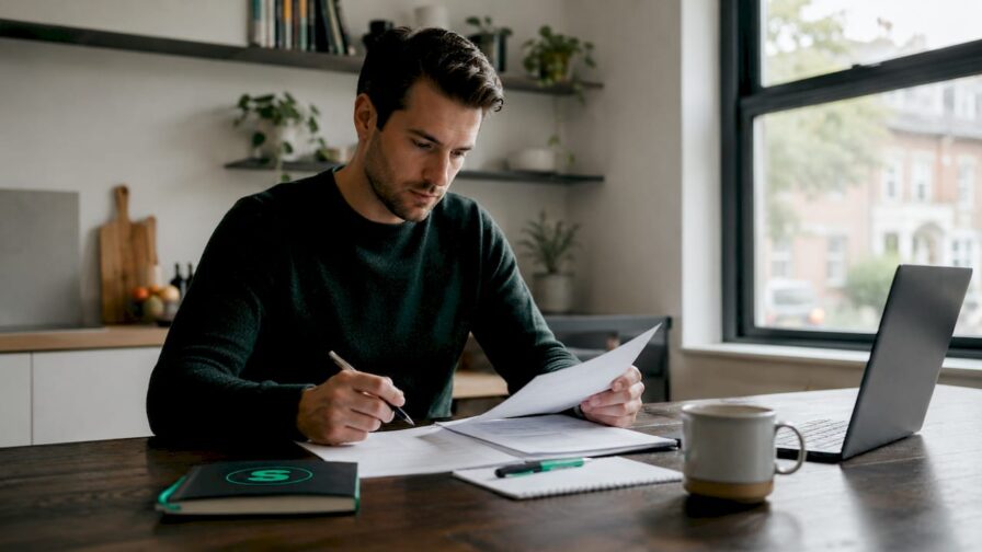 Een man bladert door vacatures terwijl hij aan het werk is in een hippe co-workingruimte.