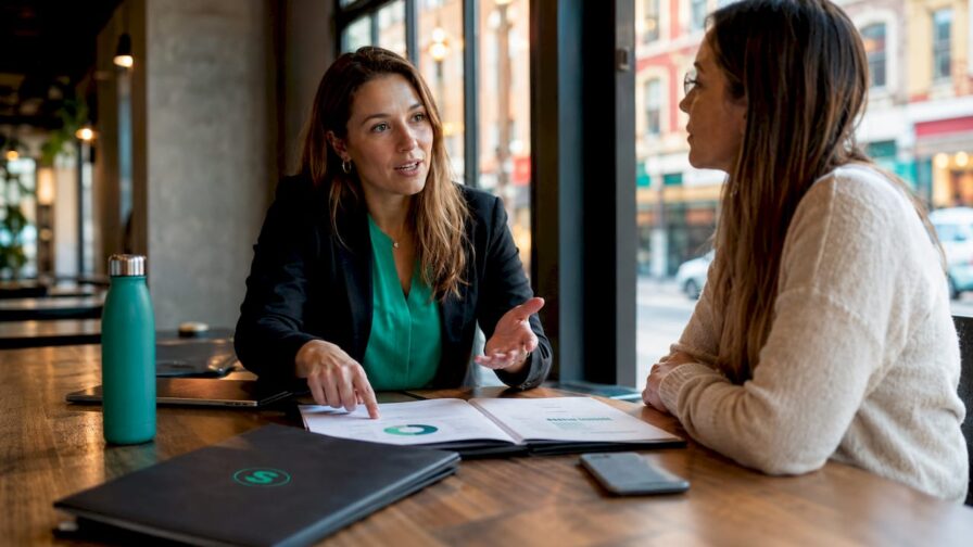 Een salesmedewerker bespreekt samen met collega's een rapport op kantoor.