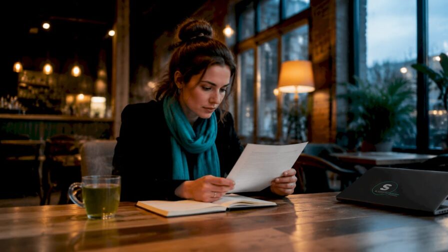 Een vrouw leest de feedback op haar sollicitatie door in een lichte ruimte.