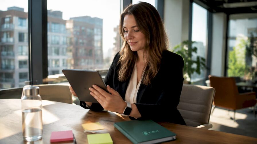 Een vrouwelijke salesmedewerker werkt op kantoor met een tablet.