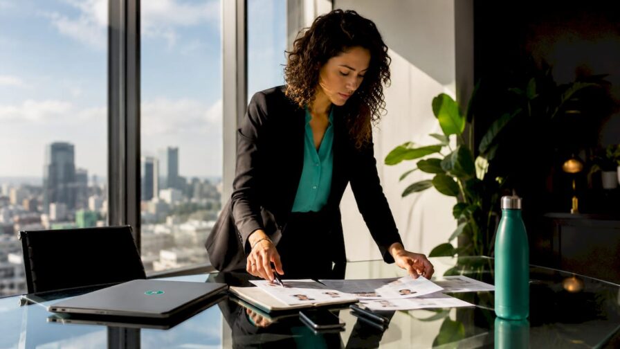 Een headhunter die aan zijn bureau zit en de profielen van potentiële kandidaten zorgvuldig doorneemt.