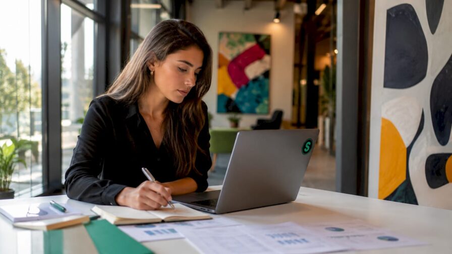 Een vrouw experimenteert thuis met slimme growth hacking strategieën.