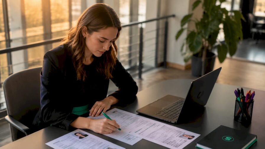 Een recruiter op de marketingafdeling bekijkt cv’s aan zijn bureau.