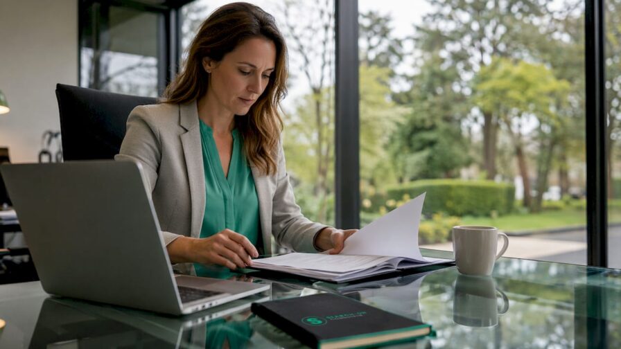 Een vrouwelijke accountmanager zit aan haar bureau en bekijkt de klantendossiers.