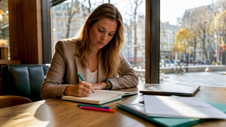 Een vrouwelijke recruiter is aan het werk in een vergaderruimte.