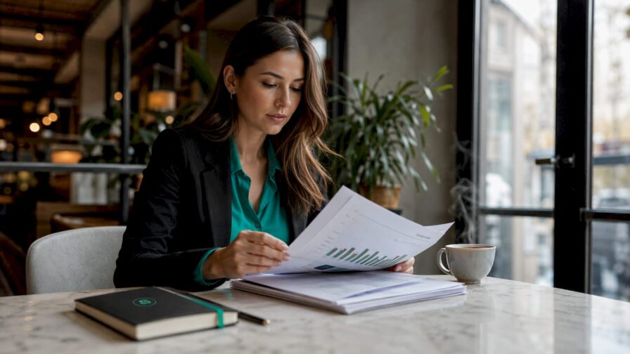Een vrouwelijke recruiter verdiept zich in het laatste salarisonderzoek.