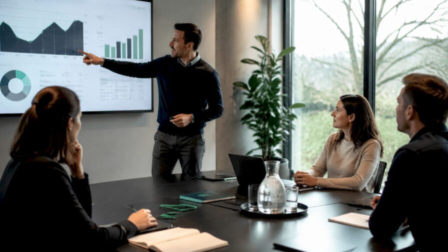 Salesmanager geeft leiding aan een teamoverleg op kantoor.