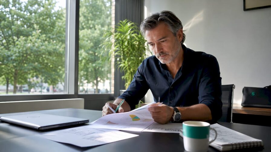 Een man bekijkt op kantoor de resultaten van een marketingcampagne.
