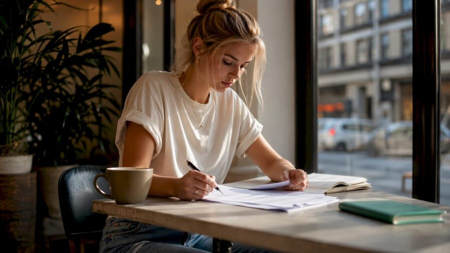 Een jonge professional scrolt thuis door salesvacatures op zoek naar een nieuwe uitdaging.