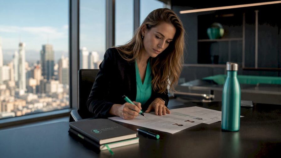 Een HR-medewerker zit achter zijn bureau en beoordeelt de profielen van sollicitanten.