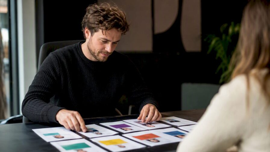 Een recruiter die op kantoor kandidatenmappen ordent.