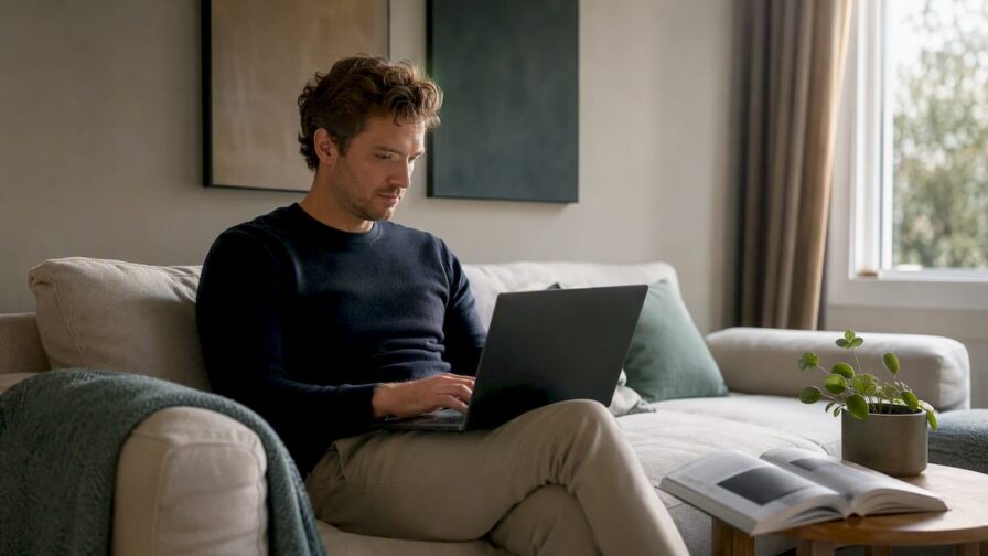 Bureau met een laptop en een stapel marketingboeken