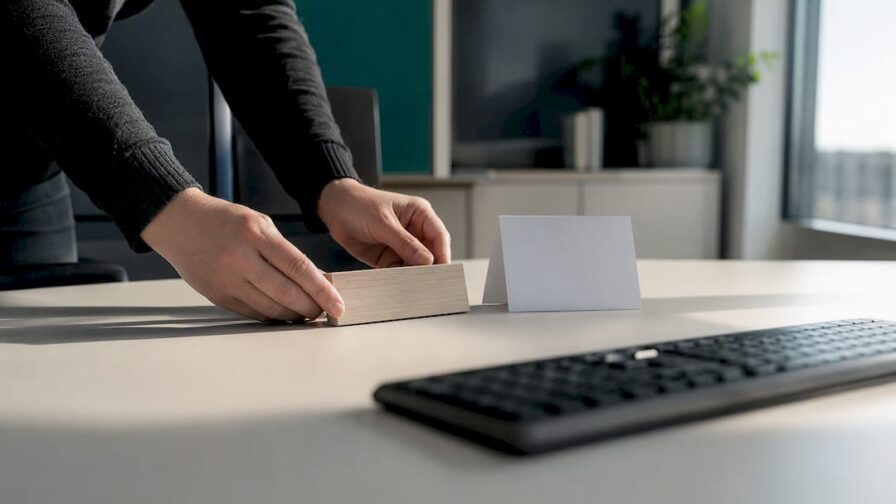 Handen die de werkplek voor een nieuwe medewerker klaarmaken
